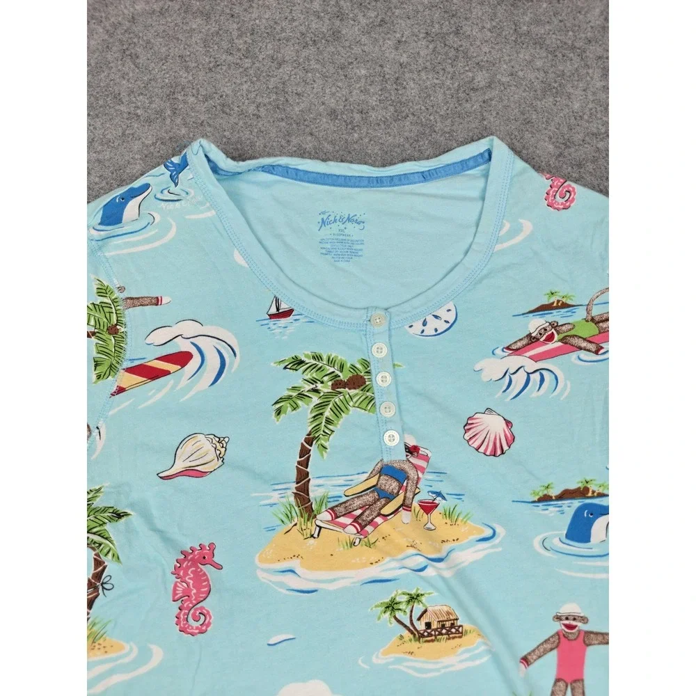 Nick & Nora Sleepshirt Womens XXL Blue Sock Monkey Tropical Print Henley - Picture 2 of 7